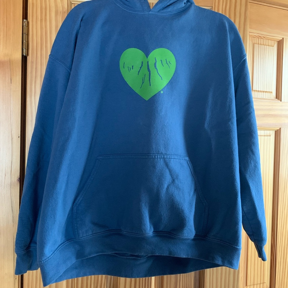 Blue Hoodie with Green Heart Design